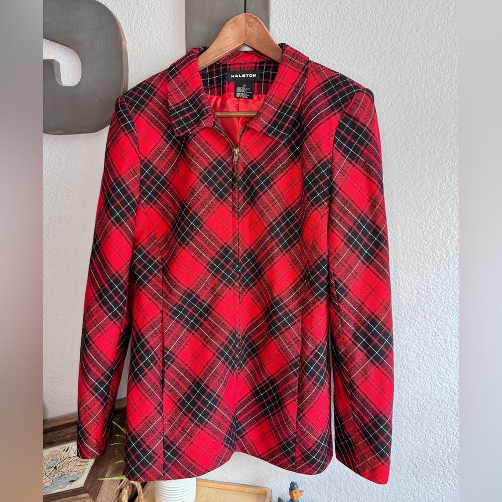 Vintage Halston Plaid 100% wool blazer zip up size 10